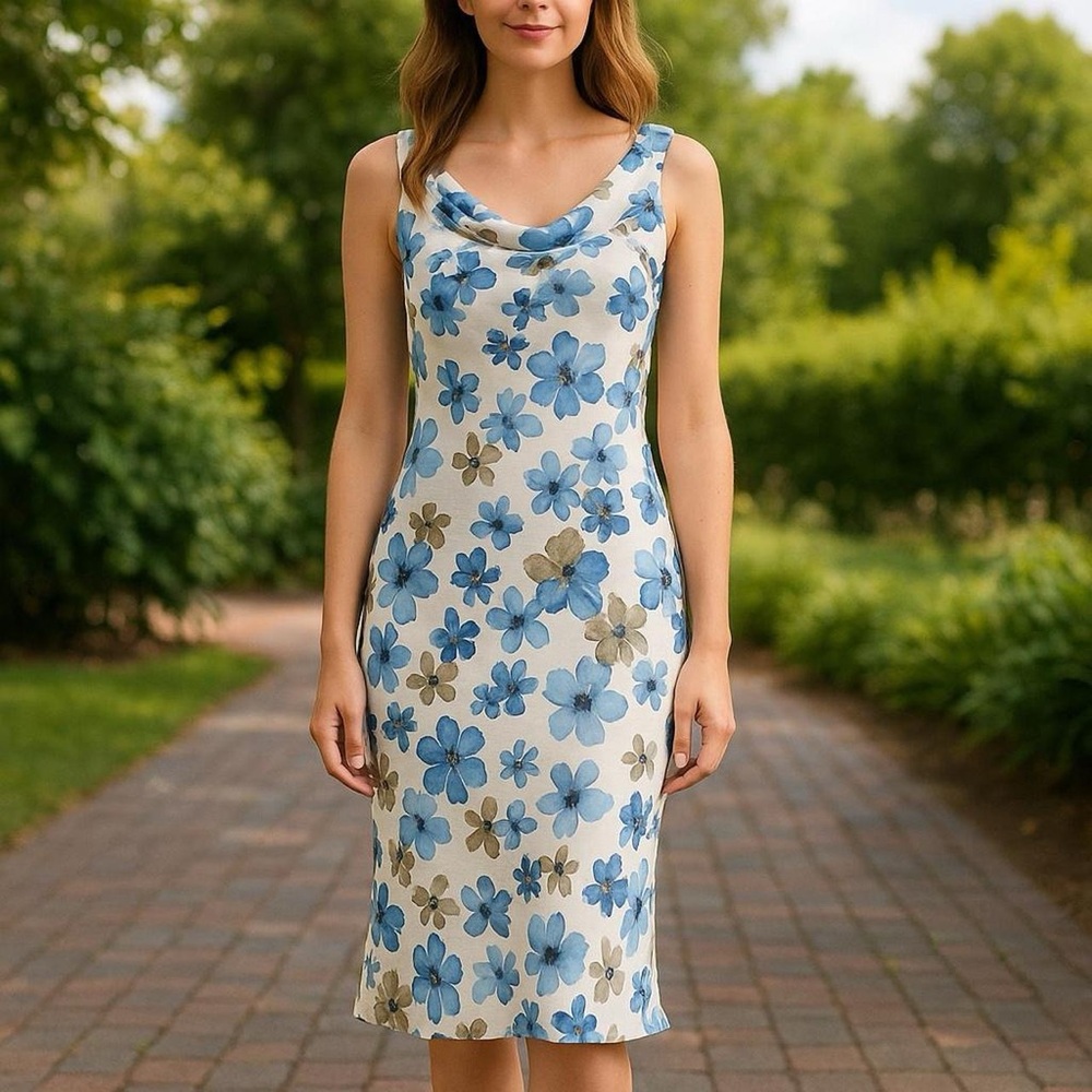 F.L.P. Blue Floral Cowl Neck Bias Cut Midi Dress – Size 6